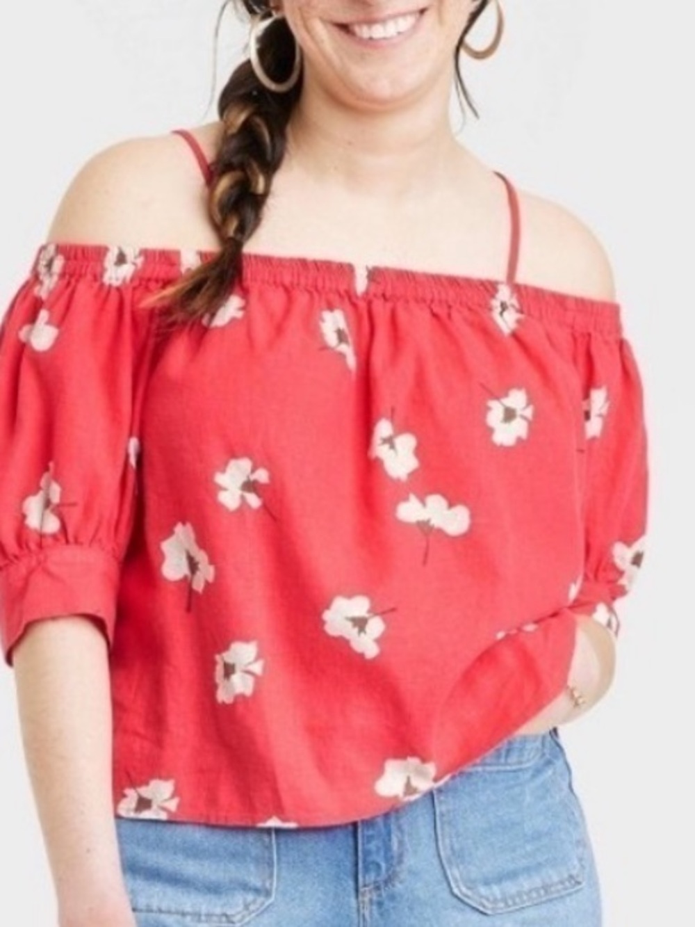 Universal Thread Off Shoulder Red with Flowers Women Blouse